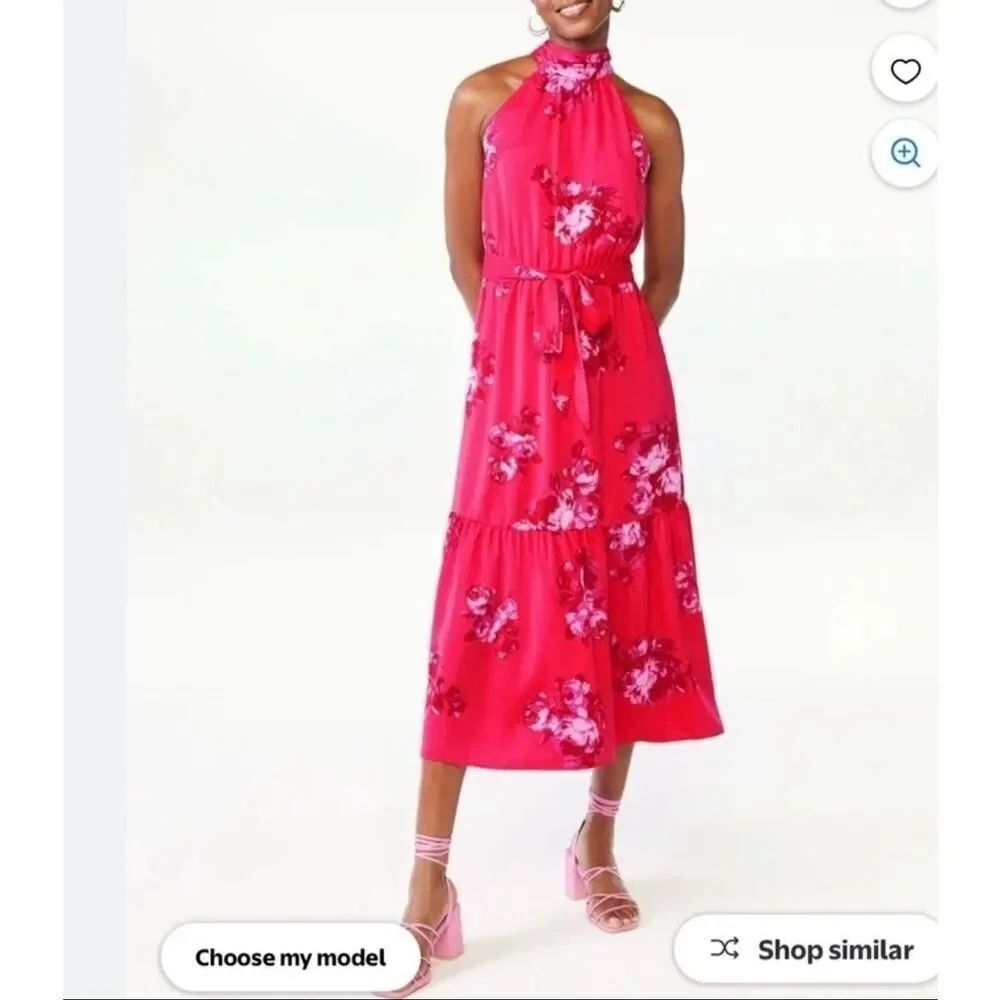 Scoop NWT Red Floral Halter Neck Tie Waist Sleeveless Maxi Dress Size XL